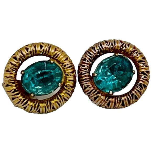Unknown Jewelry - Vintage Filigree Gold Tone Clip-On Earrings With Teal Blue Rhinestone